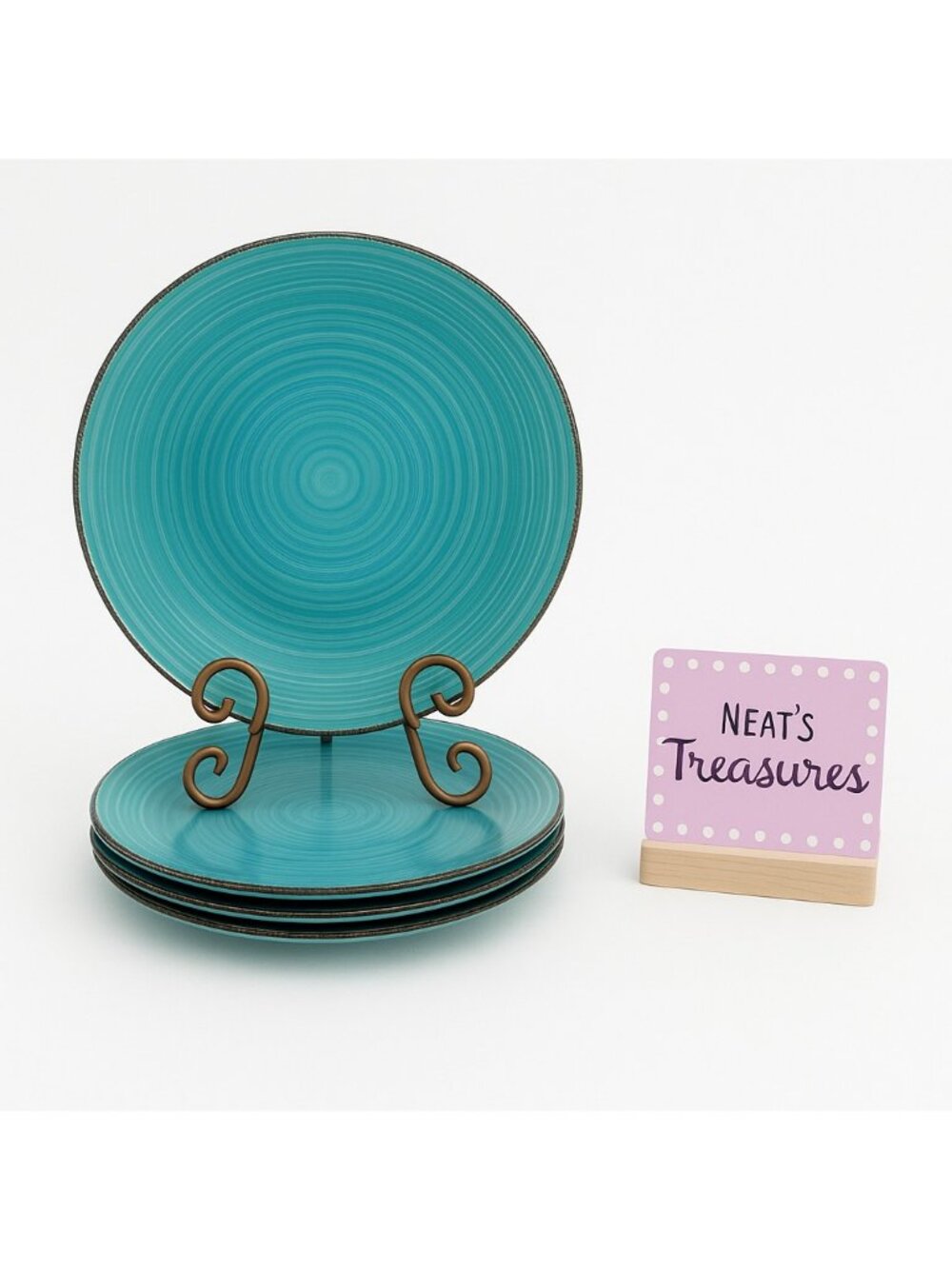 Royal Norfolk RN118 Turquoise Swirl Brown Trim Stoneware Dinner Plates Set 4